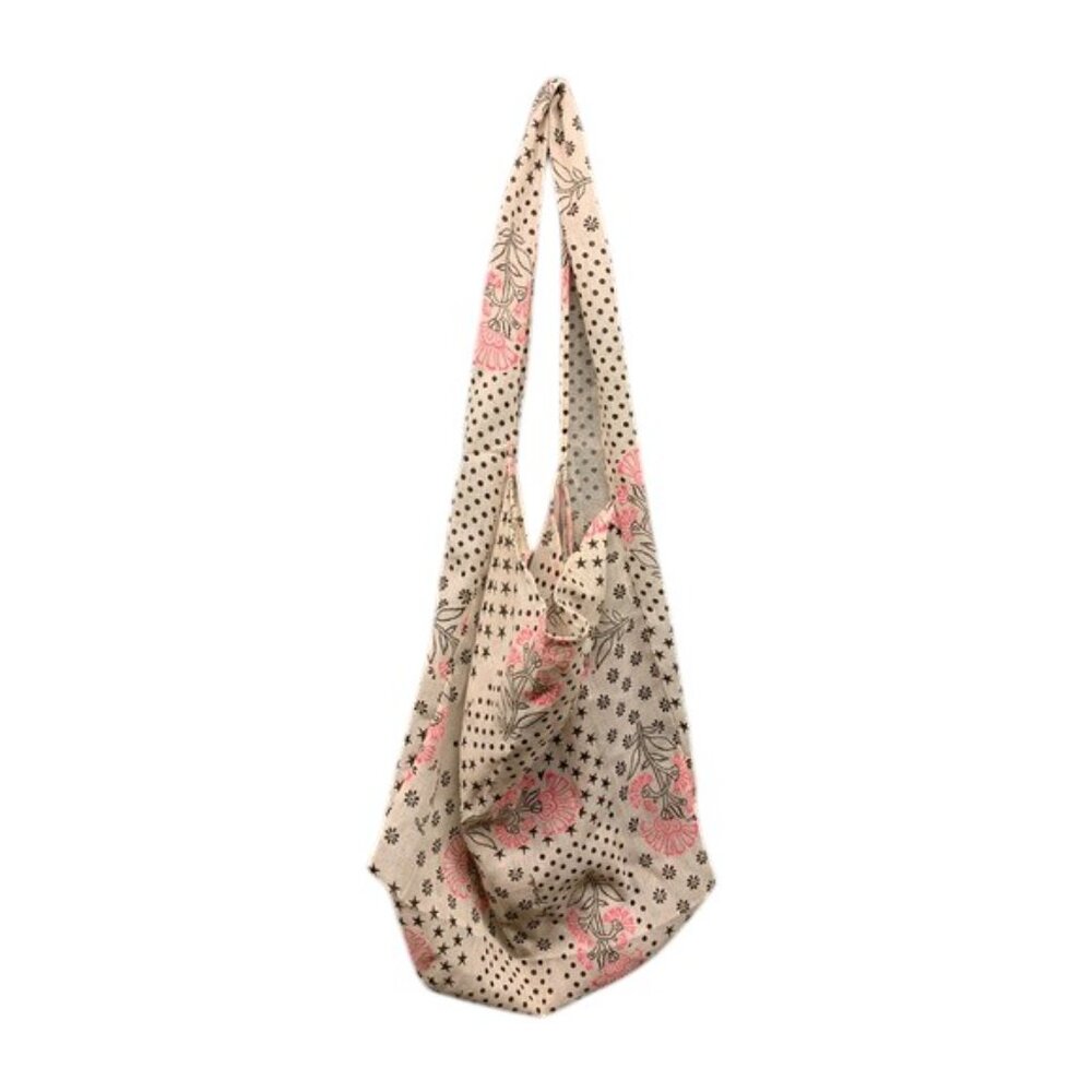 Free People Linen Tote Bag Women’s Tan Pink Paisley Boho Lightweight‎ Reusable